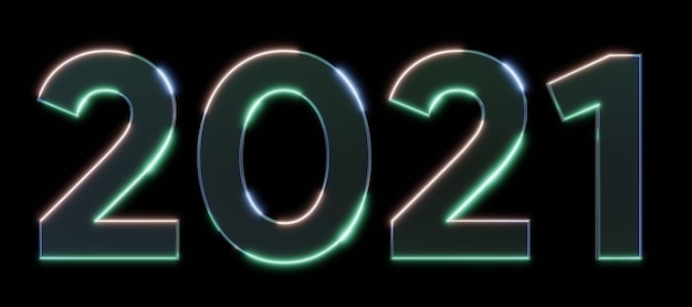 Фото Металлический неоновый знак 2021 года со световыми и блестящими эффектами 3d визуализация 3d текста