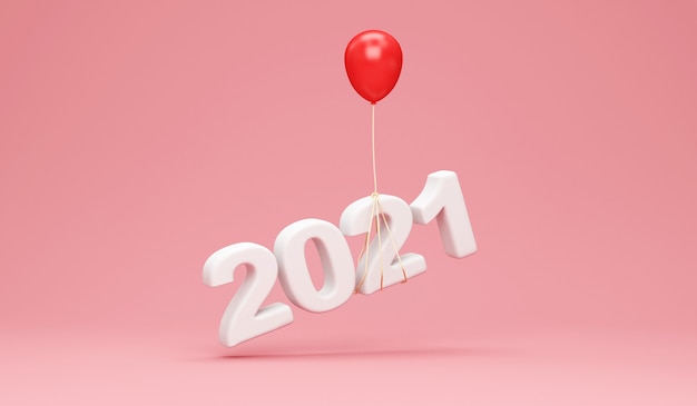 2021 new year symbol with red balloon on pink studio