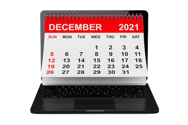 2021 year calendar. December calendar over laptop screen on a white background. 3d rendering