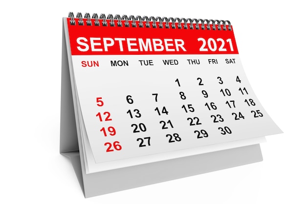 Calendario di settembre 2021 anno su sfondo bianco. rendering 3d