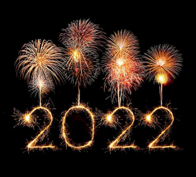 2022 happy new year fireworks written sparkling sparklers at night