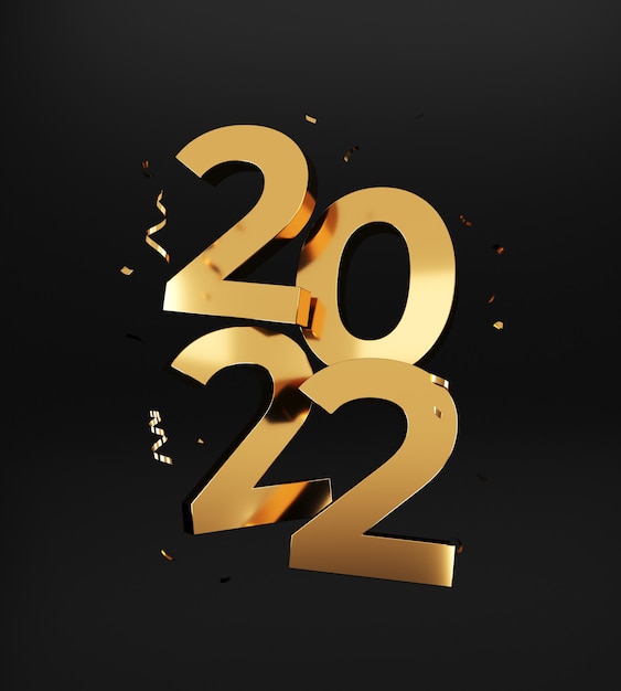 2022 Happy New Year. Golden numbers, 3d render illustration.