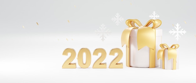 2022 Happy New Year Realistic gift box Golden metal number  Christmas Poster banner cover card