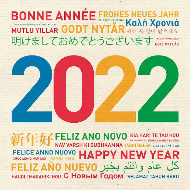 2022 Happy new year vintage card from the world in different languages and colors