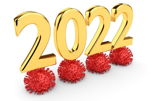 2022 is het jaar van het coronavirus. Cijfer 2022 met virussen. 3D-rendering