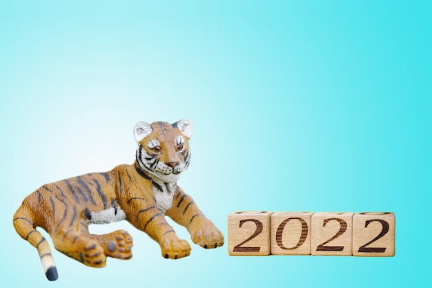 Foto il 2022 è l'anno della tigre. accanto c'è una tigre souvenir e i numeri 2022 su blocchi di legno. sfondo blu. la tigre è il simbolo dell'anno 2022.