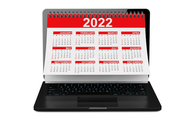 2022 jaarkalender over laptop scherm op een witte achtergrond. 3D-rendering
