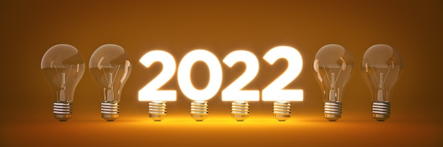 2022 New Year sign inside light bulbs 3D rendering