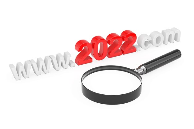 2022 Nieuwjaarsconcept. WWW 2022 Com-sitenaam met vergrootglas op een witte achtergrond. 3D-rendering
