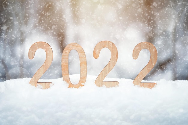 I numeri del nuovo anno in compensato 2022 stanno in un cumulo di neve all'aperto con fiocchi di neve