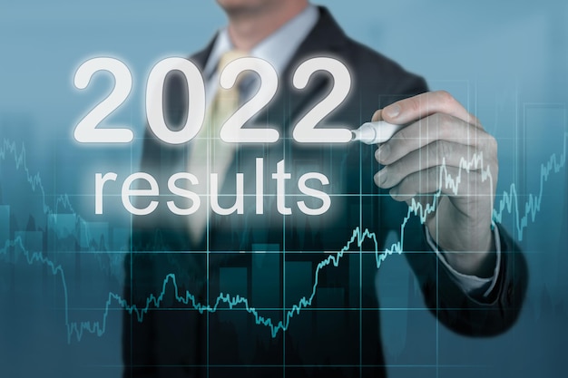 2022 resultaten. Herziening van de economische resultaten van 2022. zakenman schrijft 2022 resultaten op virtueel scherm. vorig jaar beoordeling in het bedrijfsleven. Zakenman die bedrijfsgroei en investeringsfinanciën plant