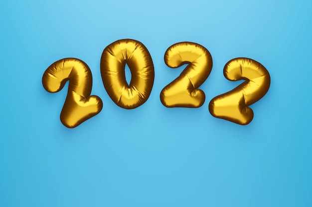 Foto 2022 effetto testo numeri 3d su sfondo blu palloncini gonfiabili dorati in lamina merry xmas 3d render