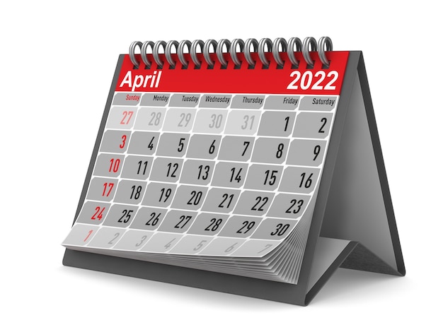 2022 year. Calendar for April. Isolated 3D illustration