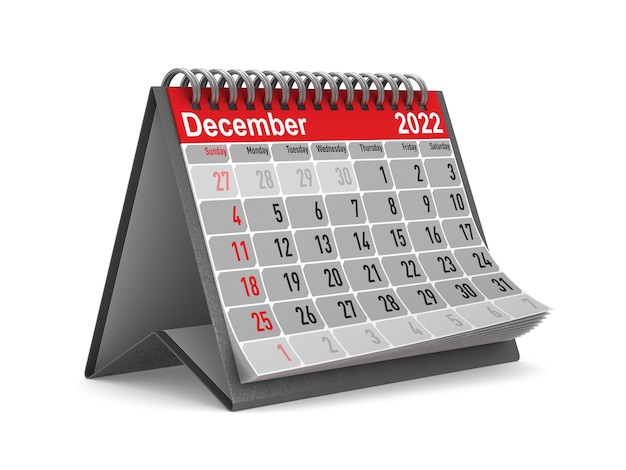2022年。 12月のカレンダー。分離された3Dイラスト