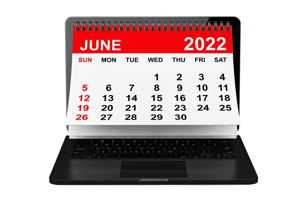 2022 year calendar June calendar over laptop screen on a white background 3d rendering