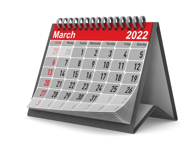 2022 year. Calendar for March. Isolated 3D illustration