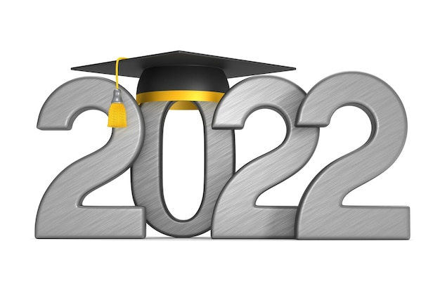 Photo 2022 year and graduation cap on white background. isolated 3d illustration