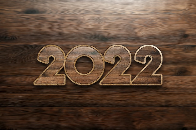 Numeri in legno anno 2022 felice anno nuovo. design moderno per sito web, poster, biglietto di capodanno, volantino. illustrazione 3d, rendering 3d.