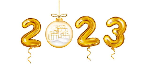 2023 3d Realistic Holographic gold Foil Balloons numbers with Gift box in Christmas ball with snow