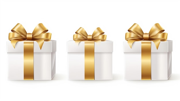 2023 3D-realistische witte geschenkdozen met gouden lint op witte achtergrond
