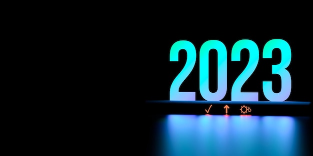 복사 공간 2023을 위한 2023 배너는 text3D 렌더링을 위한 장소가 있는 성공적인 비즈니스 시작 시장 조사 2023 텍스트입니다.