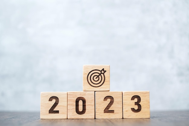 2023 block with dartboard sign Business Goal Target Resolution strategy plan Action motivation mission thinking and New Year start concepts