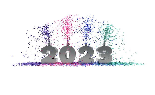 紙吹雪 3D レンダリングによる 2023 年のお祝い