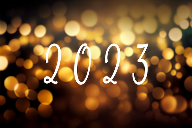 2023 and defocused Background with golden bokeh lights