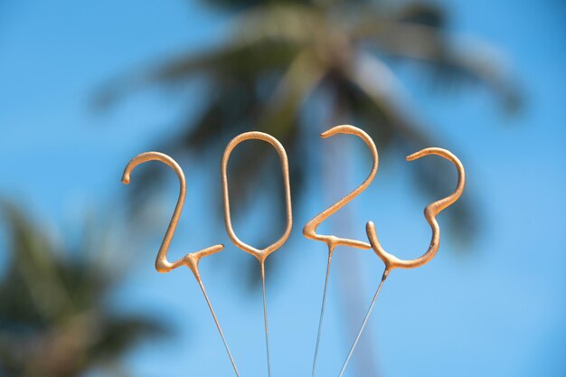 Photo 2023 figurines of happy new year numbers from sparklers against the background of palm trees