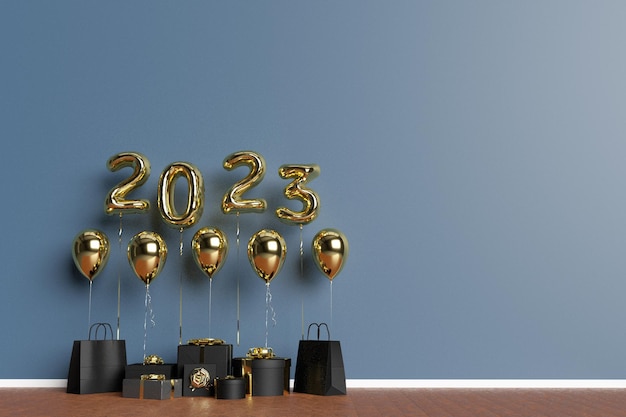 2023 font text abstract golden yellow color symbol decoration ornament merry christmas happy new year gift award balloon december january month calendar celebration festival luxury modern3d render