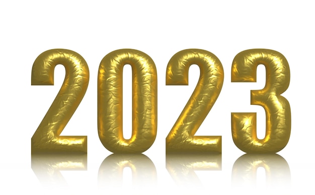 2023 golden 3D numbers on a white reflective background