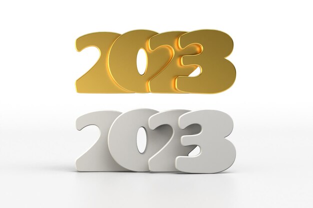 Foto 2023 felice anno nuovo. 3d rendono il segno metallico dell'oro. segnaletica 3d 2023 realistica per il nuovo anno