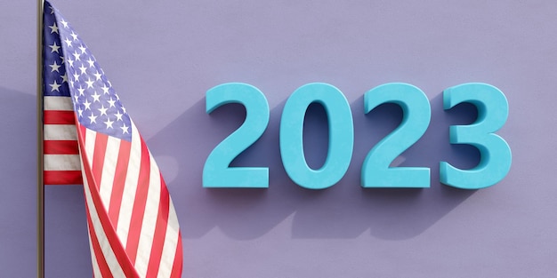 2023 Happy New Year America USA flag and year number on pastel purple color wall