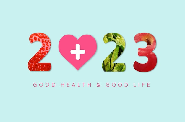 2023 健康のための新年あけましておめでとうございます 2023 年を数える果物と野菜