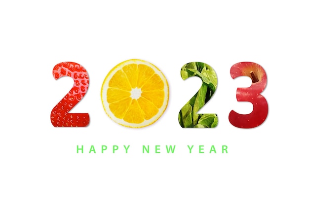 2023 Happy New Year for healthcare on white background Fruit and vegetables which make 2023 number