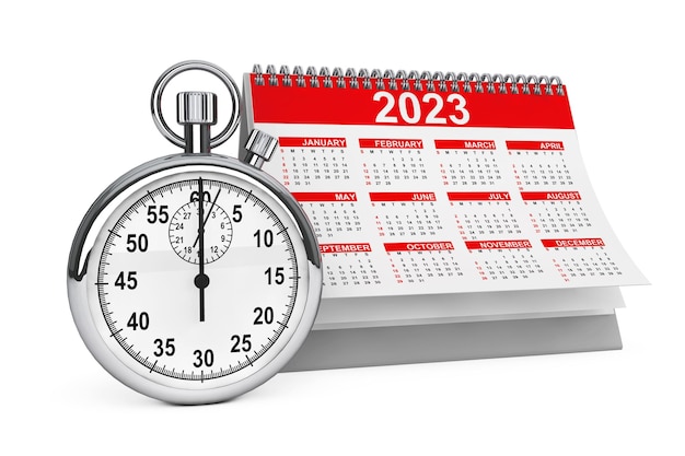 2023 jaarkalender met stopwatch 3D-rendering