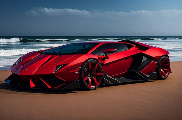 Foto lamborghini 2023 in riva al mare con carrozzeria integrale e colore rosso