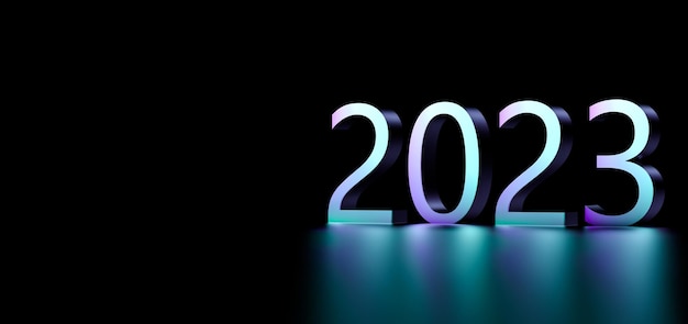 2023 neon numbers on the floor on a black background 2023 neon blank for text copying 2023 banner 3D render