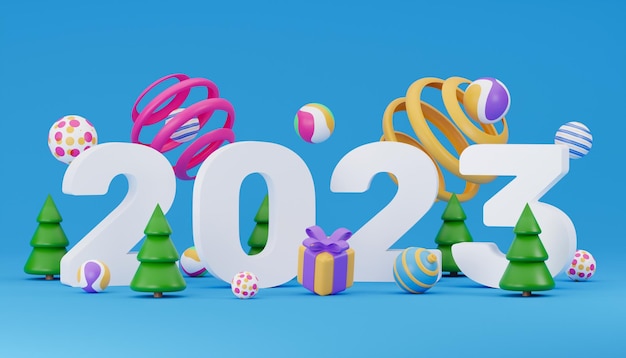 2023 new year 3d render illustration happy new year 2023 number\
realistic 3d render sign festive realistic decoration celebrate\
party web poster banner cover card brochure flyer