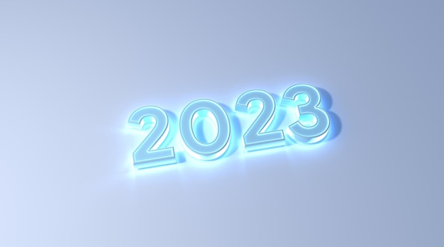 2023 new year blue color neon effect on white background 3d illustration rendering . happy new year 