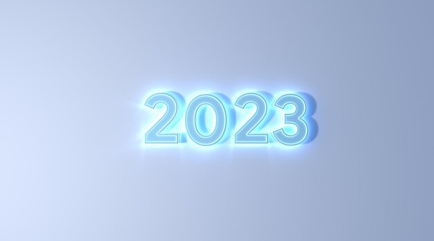 2023 new year blue color neon effect on white background 3d illustration rendering . happy new year 