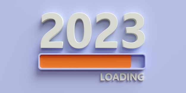 2023 New Year loading bar with orange color sign on light blue background 3d render