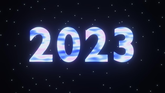 Numeri del nuovo anno 2023, rendering 3d con illuminazione al neon