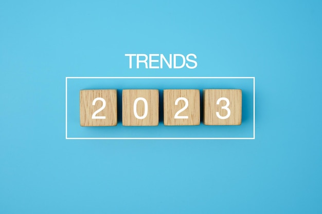 2023 New Year . Trends new year 2023 with goal plan, progress Bar with wooden blocks 2023 on blue