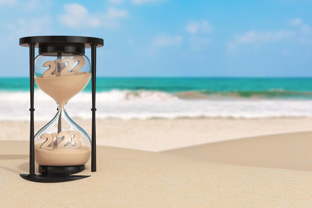 2023 New Year Vacation Concept Sand Falling in Hourglass Taking the Shape from 2022 to 2023 year on an Ocean Deserted Coast 3d Rendering