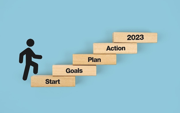 2023 Nieuwjaarsdoel Doel, Actie, Plan, Stickman traplopen deed een poging om het jaar over te steken
