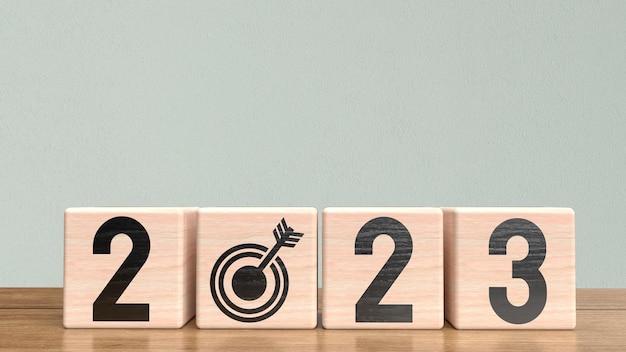 The 2023 number on wood cube for new year or business concept\
3d rendering