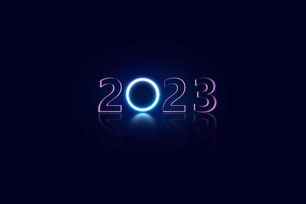 2023 op donkere achtergrond neon veelkleurig. 3D illustratie