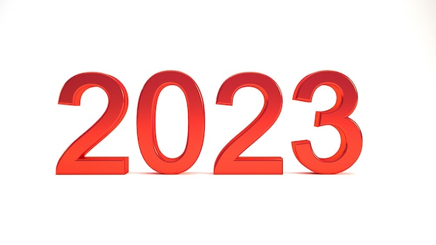 2023 赤い 3D テキストは、白い背景がある新年あけましておめでとうございます背景概念 3 D レンダリング図に分離されました。