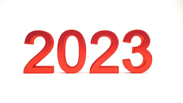 2023 red 3D text isolated on white backgroun happy new year backdrop concept 3D render illustration.